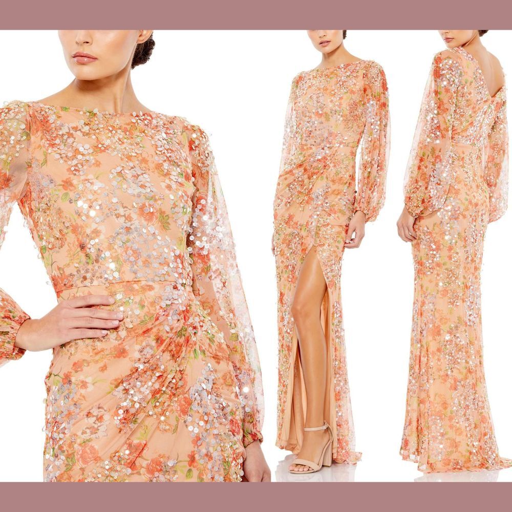 NWT $598 Mac Duggal [ 2 ] Floral Print‎ Sequined Puff Sleeve Gown Apricot #G1639